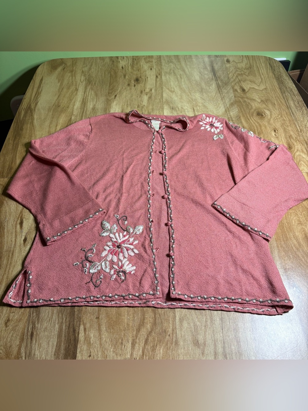 J. Jill Pink Embroidered Floral Fabric Button Knit Cardigan Womens Size Large
